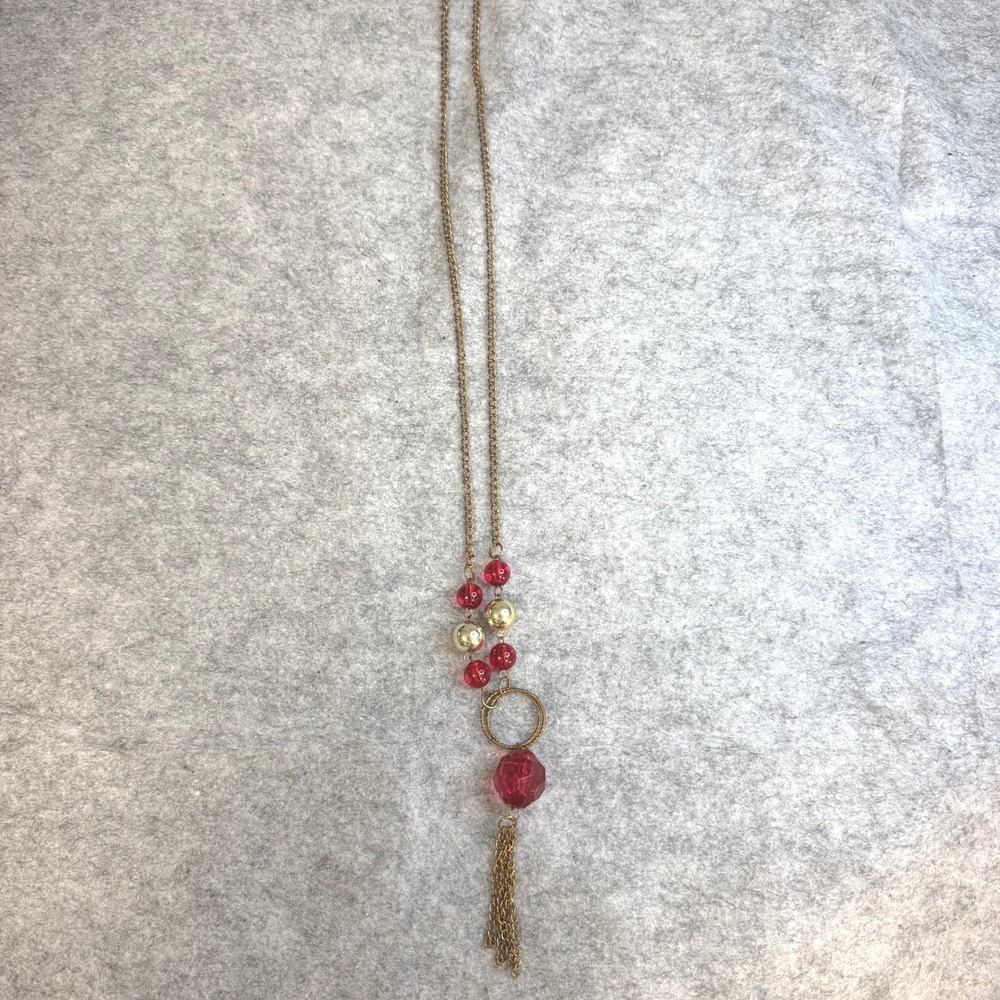 Long Gold Tone Tassel Necklace Red Gold Beads Faceted Crystal Boho Lariat Style